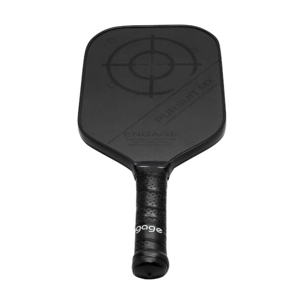 Front view of a black pickleball paddle with a target design, PURSUIT MX, and ENGAGE text.