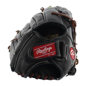 Front view of a black Rawlings glove with white stitching and a red logo patch.