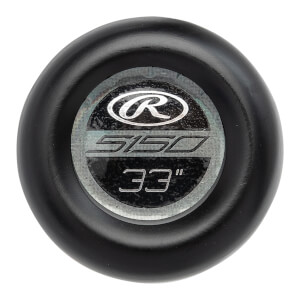 End view of a black baseball bat with Rawlings logo, 5150, and 33 markings.