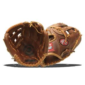 Front view of a brown leather baseball glove with nokona text and a circular logo.