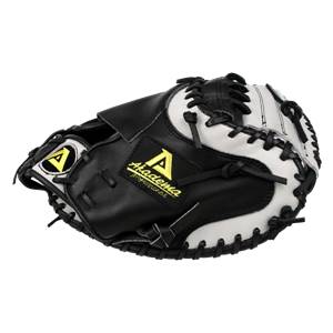 Top-down view of a black and white catchers mitt with Akadema Professional branding and yellow logo.