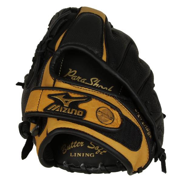 Close-up of a black and tan Mizuno baseball glove with Para Shock and Butter Soft Lining text.