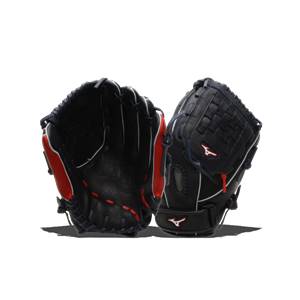 Front view of black Mizuno MVP Prime SE Fastpitch Series gloves with red accents and white stitching.