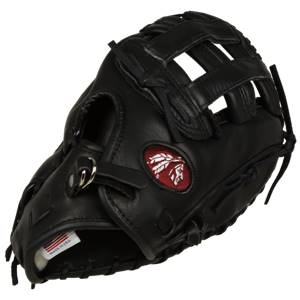 Front view of a black first base mitt with a red Indian head logo and a Made in USA tag.