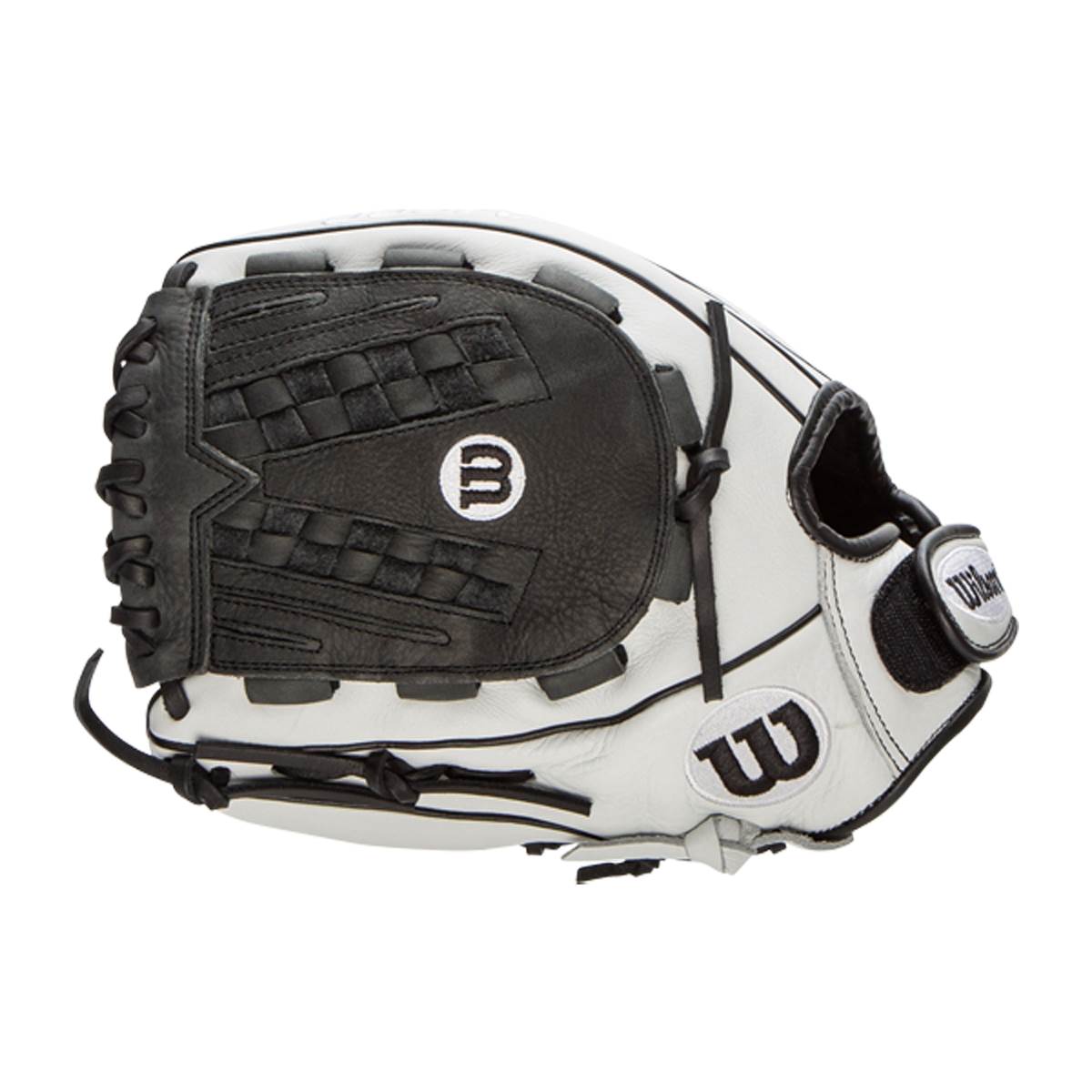 Side view of a white and black Wilson glove with a woven web and dual W logos.