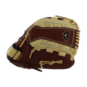 Side view of a brown and tan fastpitch glove with a Mizuno logo and stitched lacing.