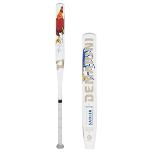 Two views of a white softball bat with a red rooster graphic, Paul Sadler signature, and DeMarini branding.