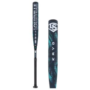 Full and close-up views of the black and teal Kryo bat featuring white "LOUISVILLE" branding, a "-11" weight label, and vertical "KRYO" text on the barrel.
