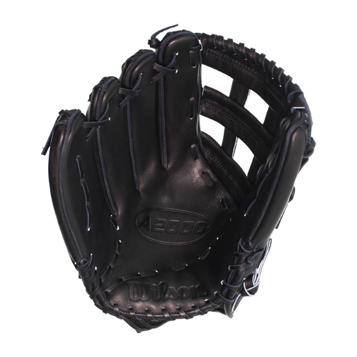 Top-down view of a black baseball glove with A2000 and Wilson branding and a dual-post web.