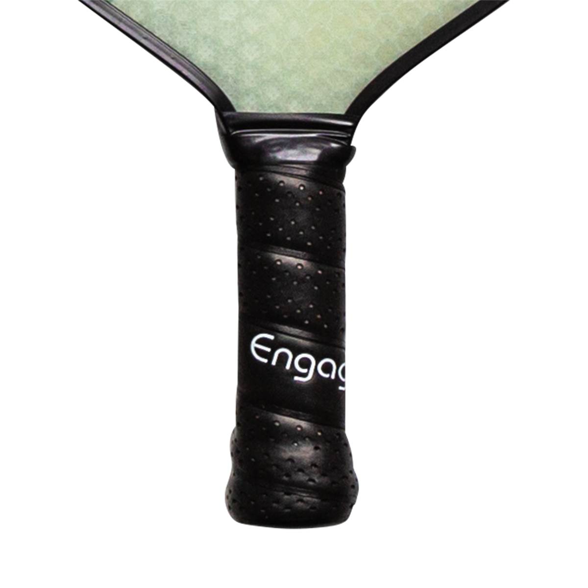 Close-up of a black pickleball paddle grip with a textured surface and Engage text.