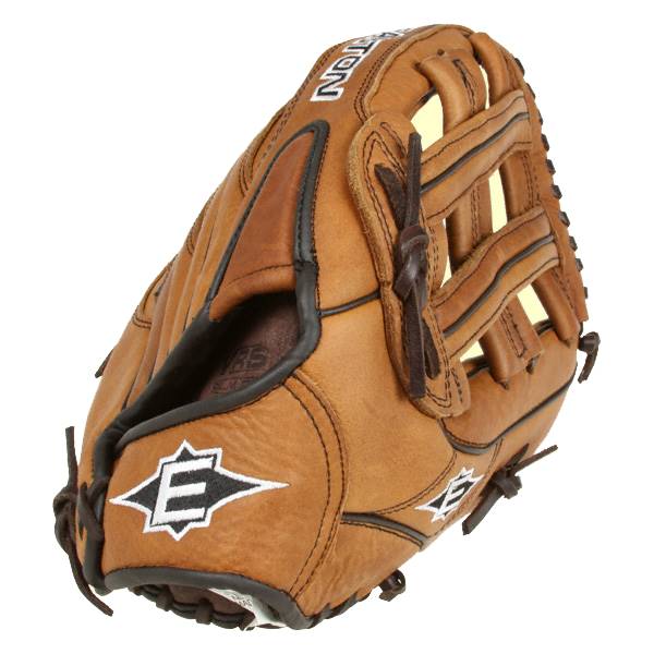 Corner view of a tan baseball glove with EASTON text and white E logos.