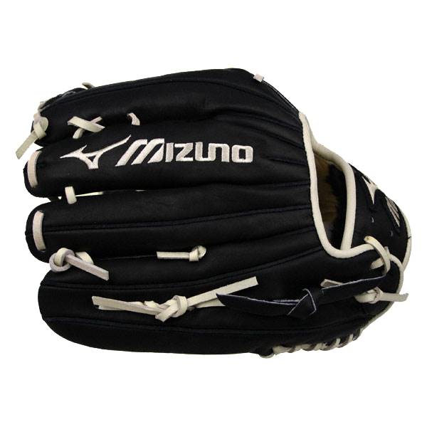 Front view of a black baseball glove with white Mizuno branding and lacing.