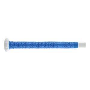 Side view of a white fastpitch softball bat with a blue textured grip.