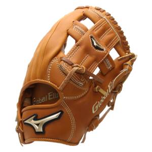 Side view of a tan baseball glove with white stitching, a silver Mizuno logo, and Global Elite text.