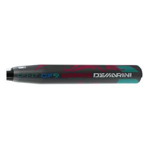 Side view of a black DeMarini CF9 Insane fastpitch bat with pink and teal graphics.