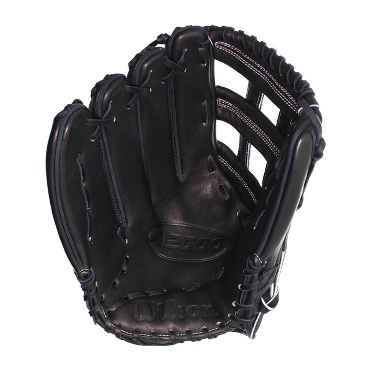 Front view of a black baseball glove with white stitching and A2000 and Wilson branding.