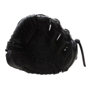 Top-down view of a black fastpitch glove with white stitching and a leather lacing system.