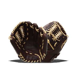 Front view of a brown baseball glove with tan lacing and a visible Mizuno logo.