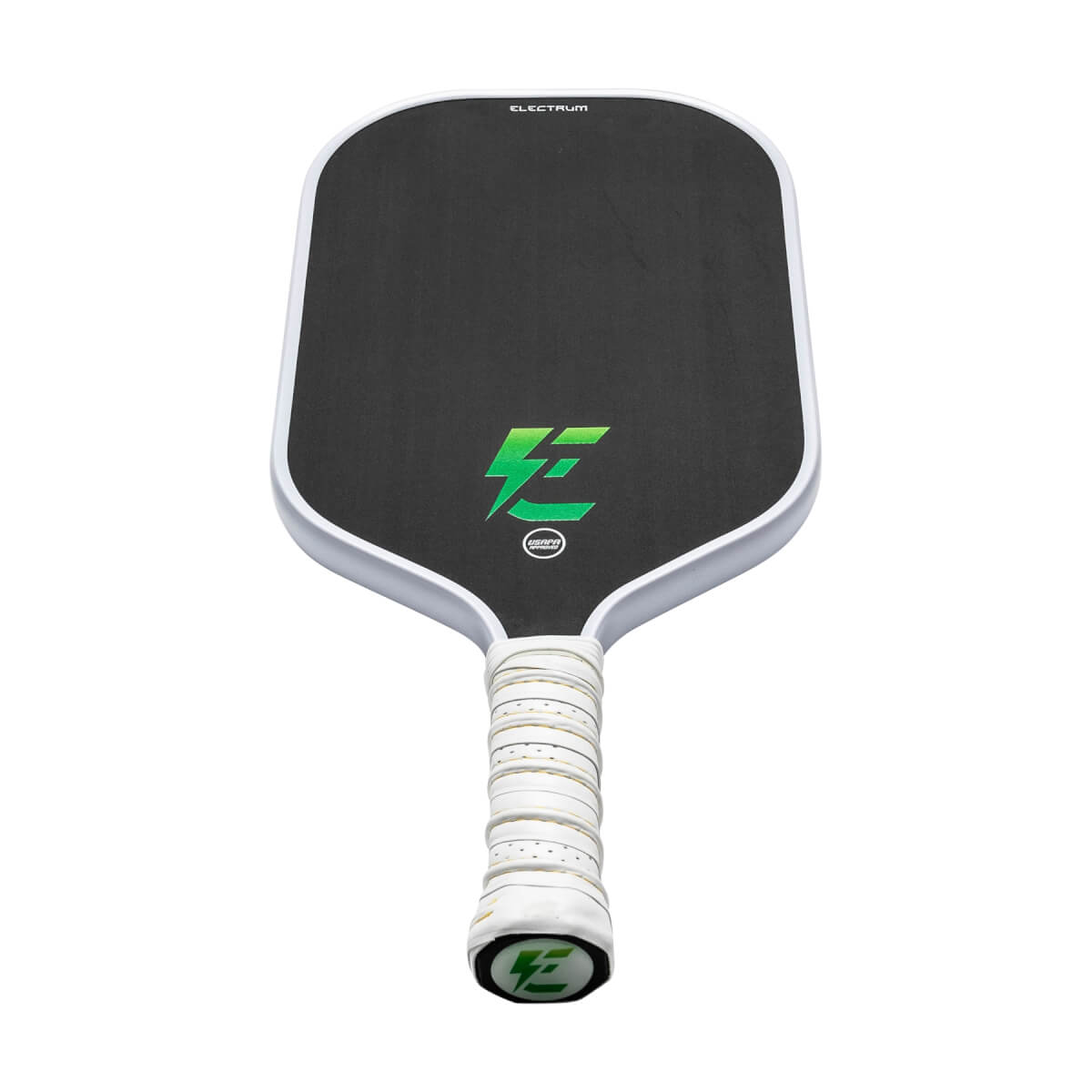 Front view of a black pickleball paddle with a green Electrum logo and white grip.