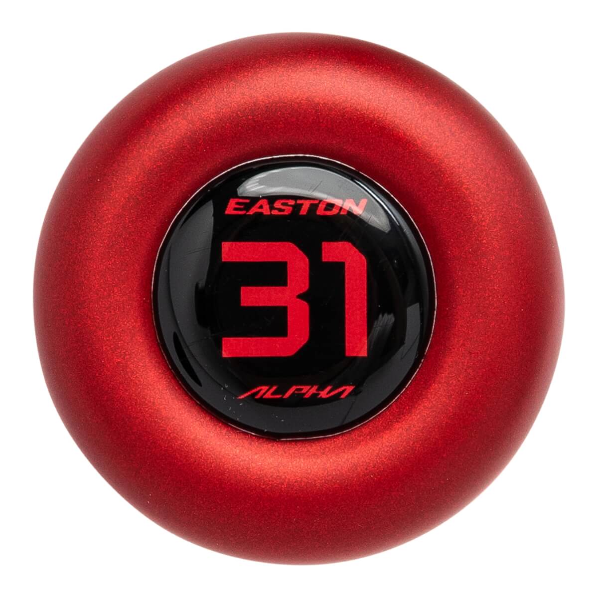 Top-down view of a metallic red baseball bat end cap with a black circular insert displaying EASTON, 31, and ALPHA in red.
