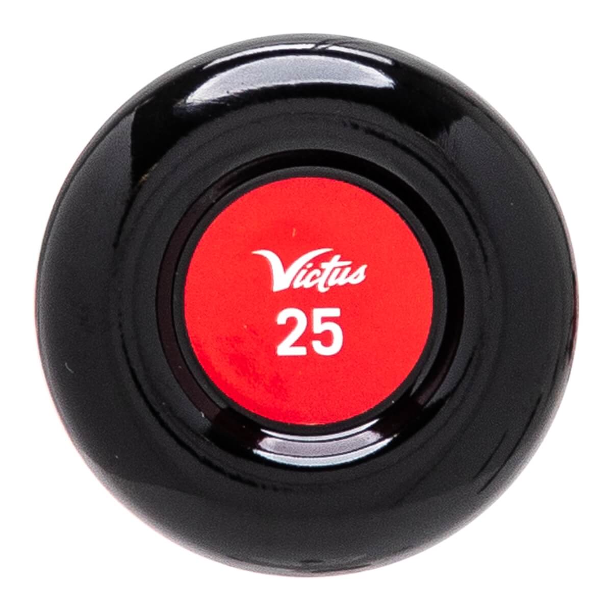 Top-down view of a black baseball bat end cap with a red circle featuring white Victus text and the number 25.