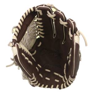 Top-down view of a brown baseball glove with white lacing and Classic X and Mizuno branding.