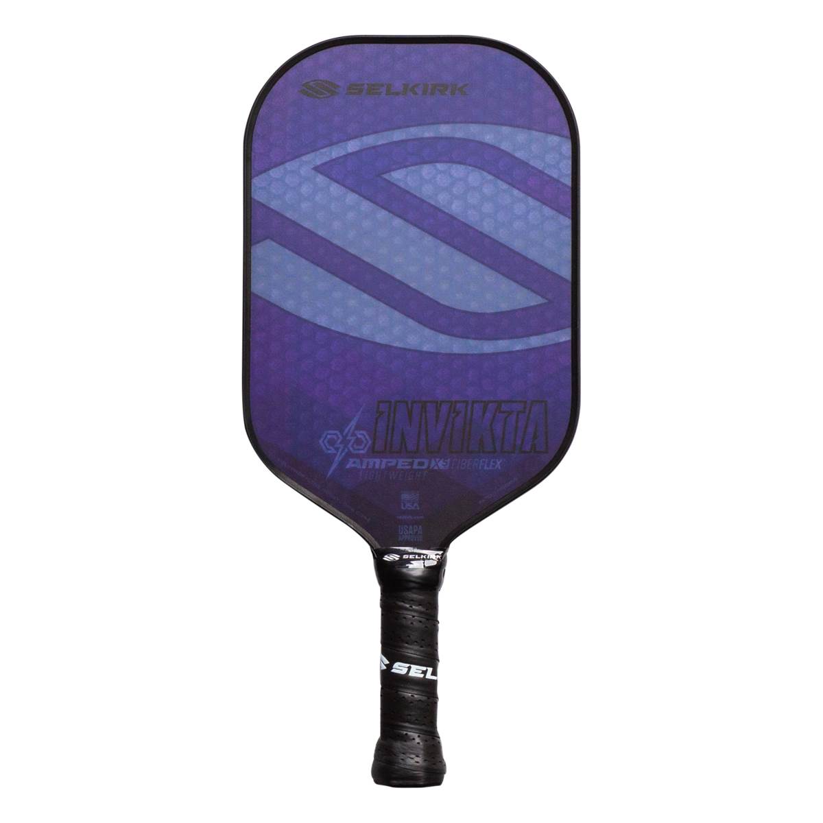 Front view of a purple pickleball paddle with Selkirk branding, Invikta text, and a textured grip.