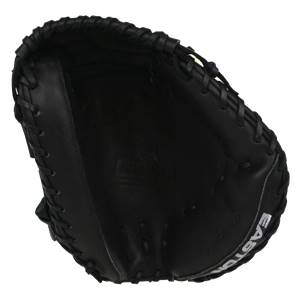 Top-down view of a black catchers mitt with white EASTON text and braided lacing.