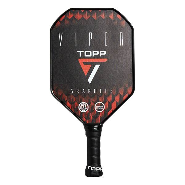 Front view of a black pickleball paddle with red geometric accents, VIPER, TOPP, and GRAPHITE text, and USAPA approval logos.