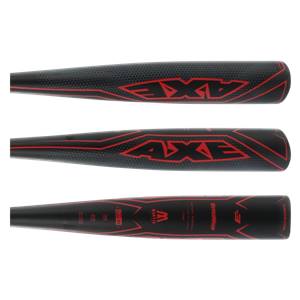 Top-down view of a black AXE baseball bat with red accents and honeycomb grip pattern.