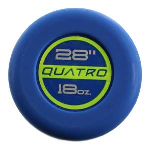 End cap view of a blue baseball bat with 28 QUATRO 18oz. text.