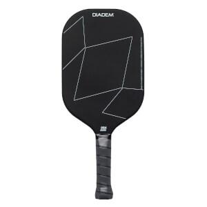 Front view of a black pickleball paddle with white geometric lines and DIADEM text.