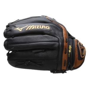 Front view of a black baseball glove with brown accents and gold Mizuno branding.