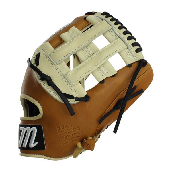 Front view of a brown baseball glove with a cream web and black lacing.