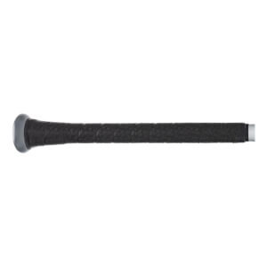Close-up of the bat's handle showing its black honeycomb-textured grip, a smooth grey knob at the base, and a small section of the silver barrel on the right.