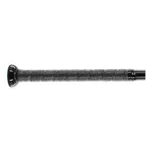 Side view of a black baseball bat with a textured grip and a black end cap.
