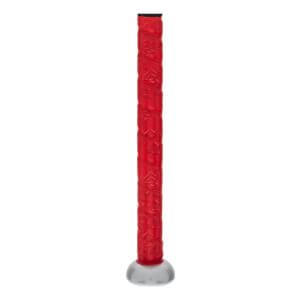 Side view of a red baseball bat with a textured grip and silver end cap.