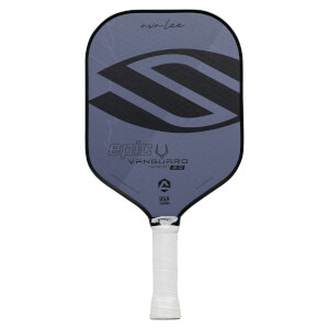 Front view of a grey pickleball paddle with black S graphic, epic VANGUARD 2.0 text, and white grip.