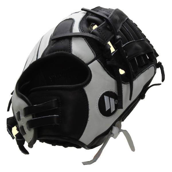 Side view of a black and white softball glove with a white logo and adjustable straps.