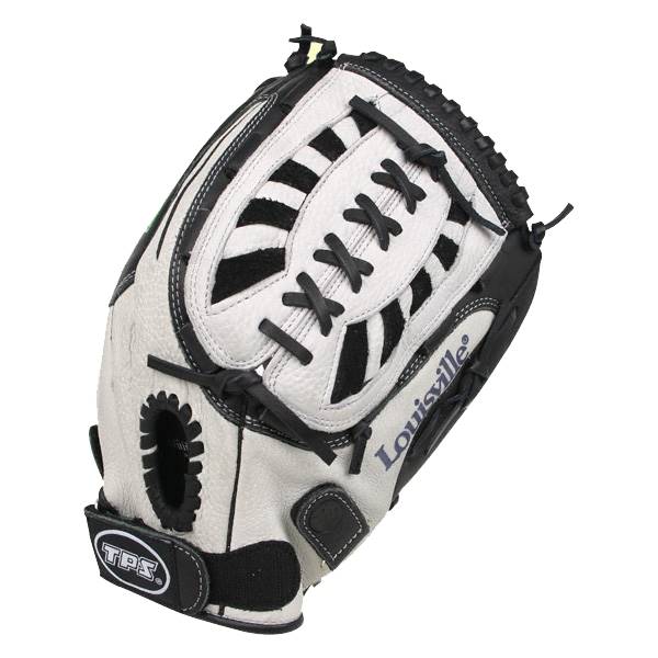 Front view of a white and black Louisville Slugger fastpitch glove with black lacing and TPS branding.