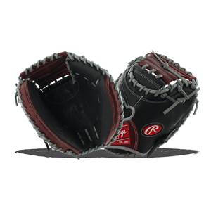 Top-down view of black and red catchers mitts with white stitching and Rawlings branding.