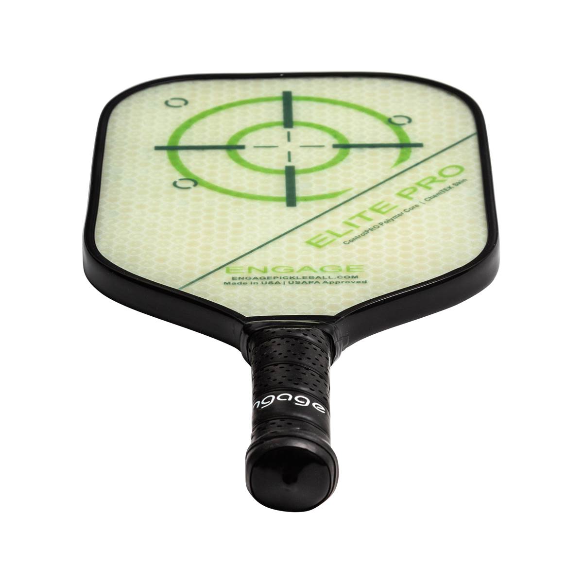 Top-down view of a light green pickleball paddle with a target design and ELITE PRO text.