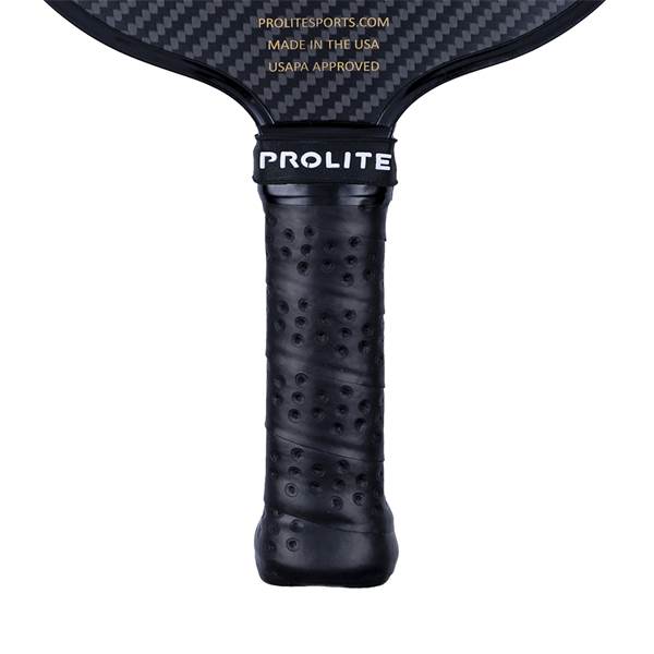 Top-down view of a black pickleball paddle with a carbon fiber face, PROLITE branding, and a perforated grip.