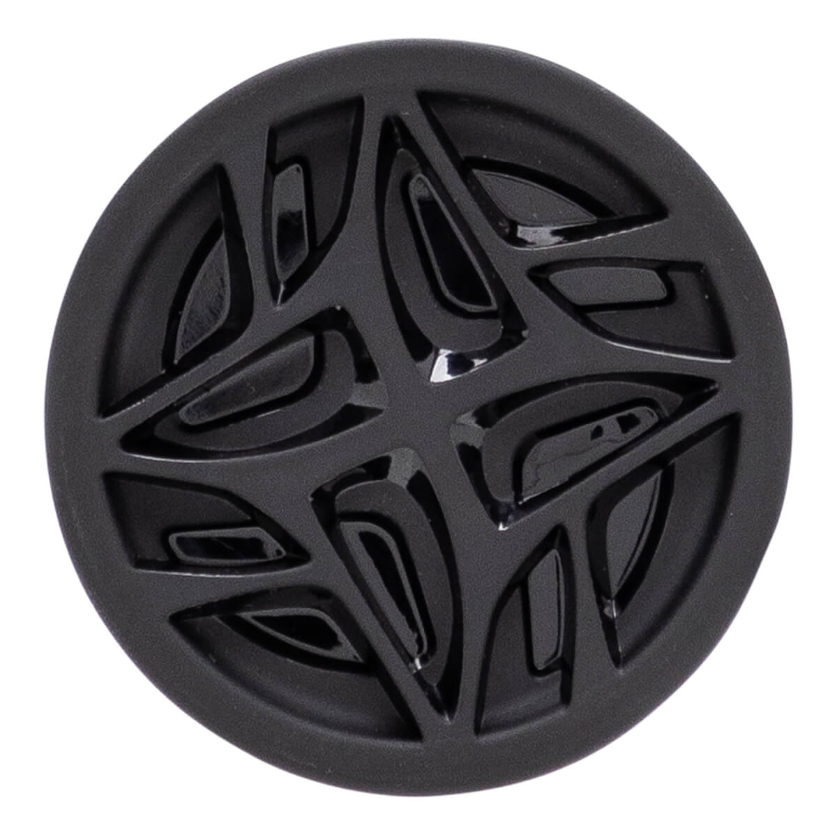 Top-down view of a black bat end cap with a glossy abstract geometric pattern on a matte surface.