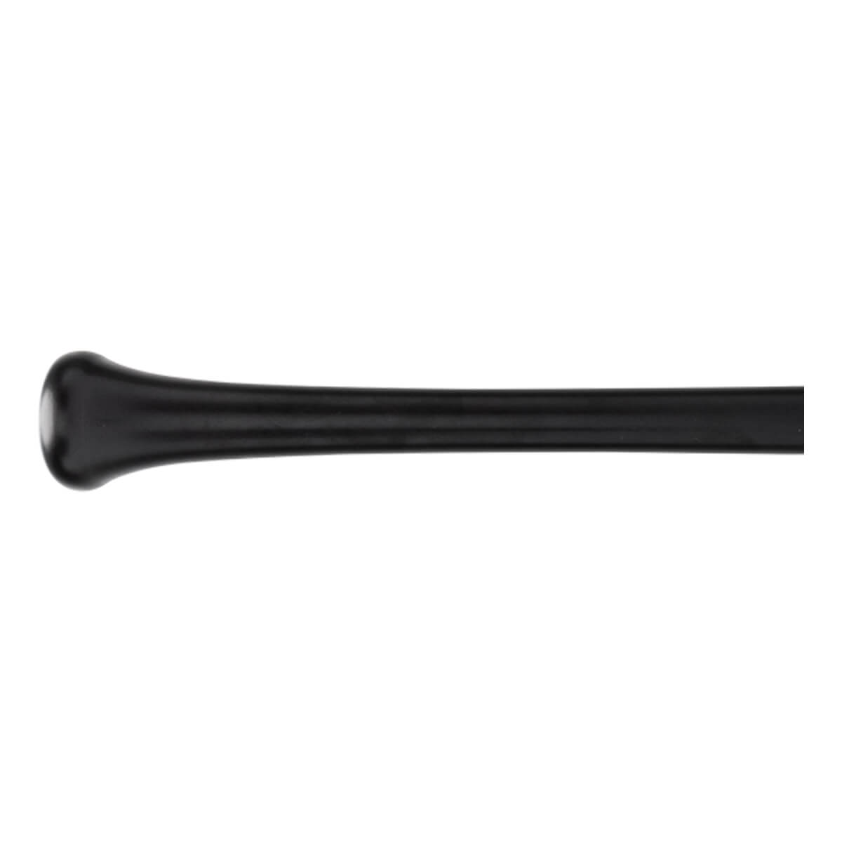 Side view of a black baseball bat with a flared knob and smooth barrel.