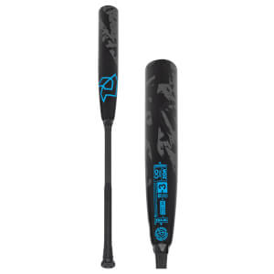 Side view of a black baseball bat with a blue DeMarini logo and gray abstract pattern.