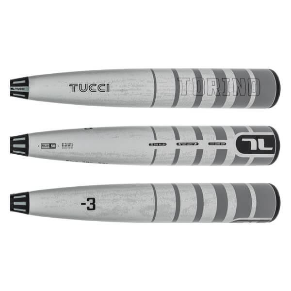 Three barrel-side views of a silver and grey striped Tucci Torino baseball bat featuring prominent text including TUCCI, TORINO, and -3.