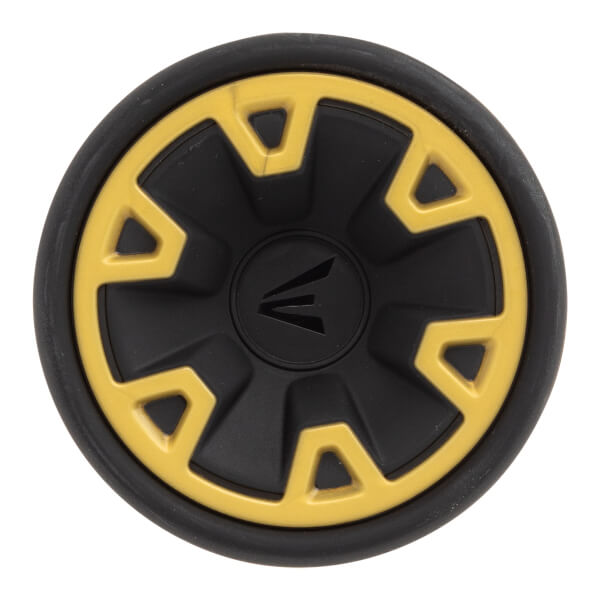 Top-down view of a black baseball bat end cap with yellow accents and an Easton logo.