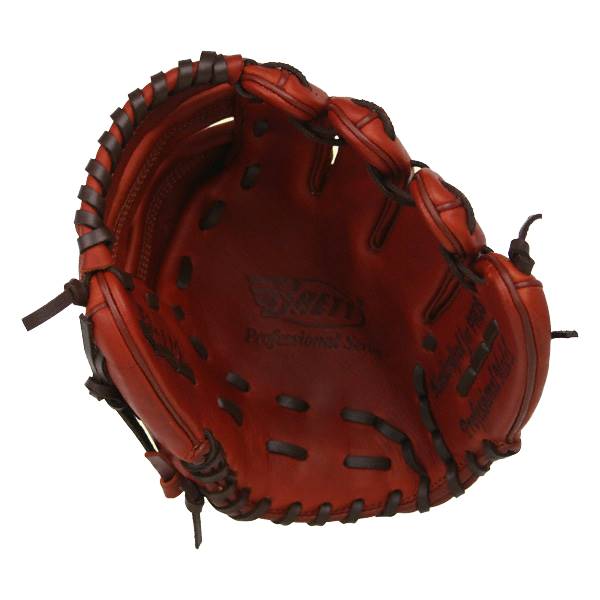 Top-down view of a red baseball glove with dark brown lacing and Brett Professional Series text.