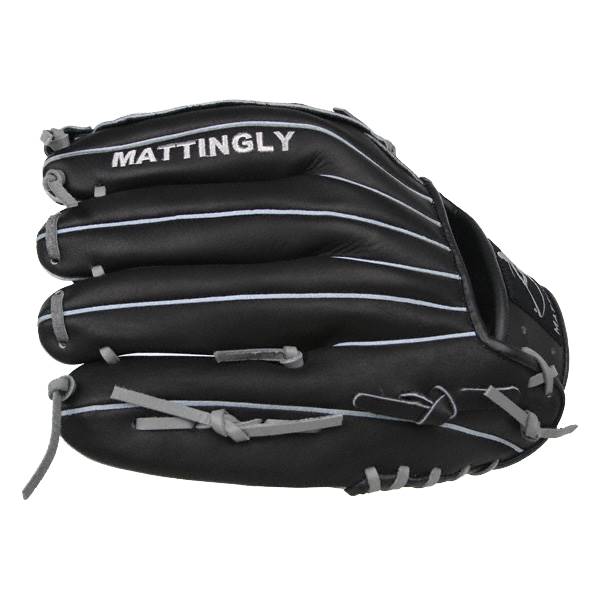 Side view of a black youth baseball glove with white stitching and MATTINGLY text.